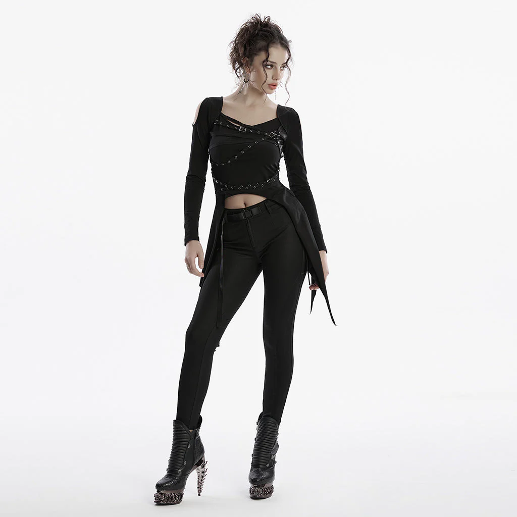OT-971TCF Edgy Black Strapped Punk T-Shirts Long Sleeve Design - Image 15