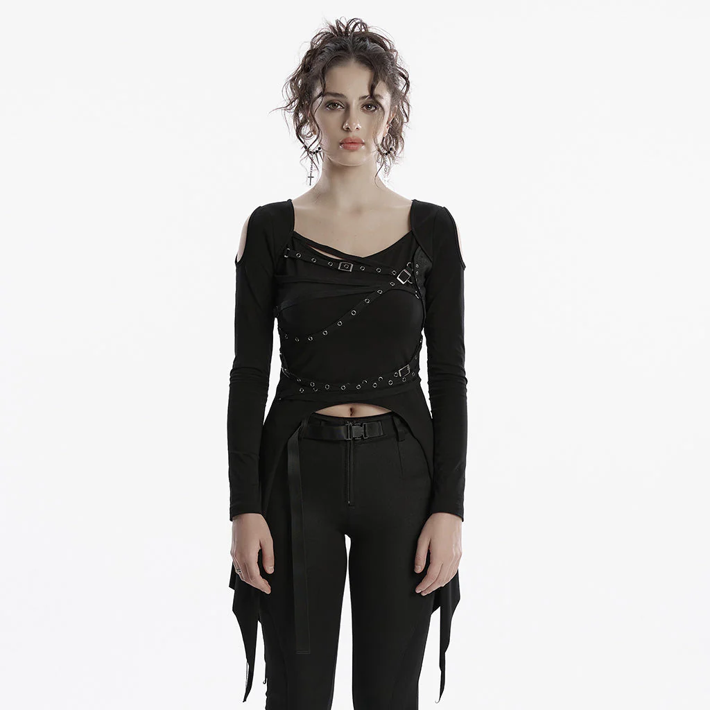 OT-971TCF Edgy Black Strapped Punk T-Shirts Long Sleeve Design - Image 21