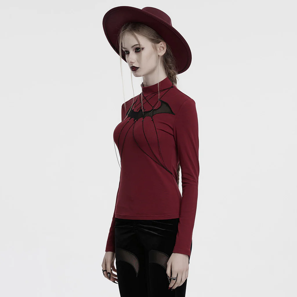 OT-980TCF Edgy Gothic T-Shirt with Chains and Sheer Bat Design - Image 12