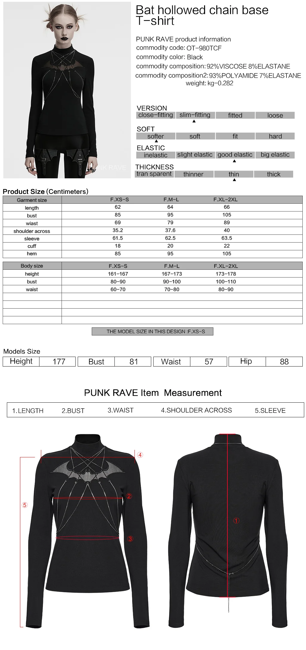 OT-980TCF Edgy Gothic T-Shirt with Chains and Sheer Bat Design - Image 2