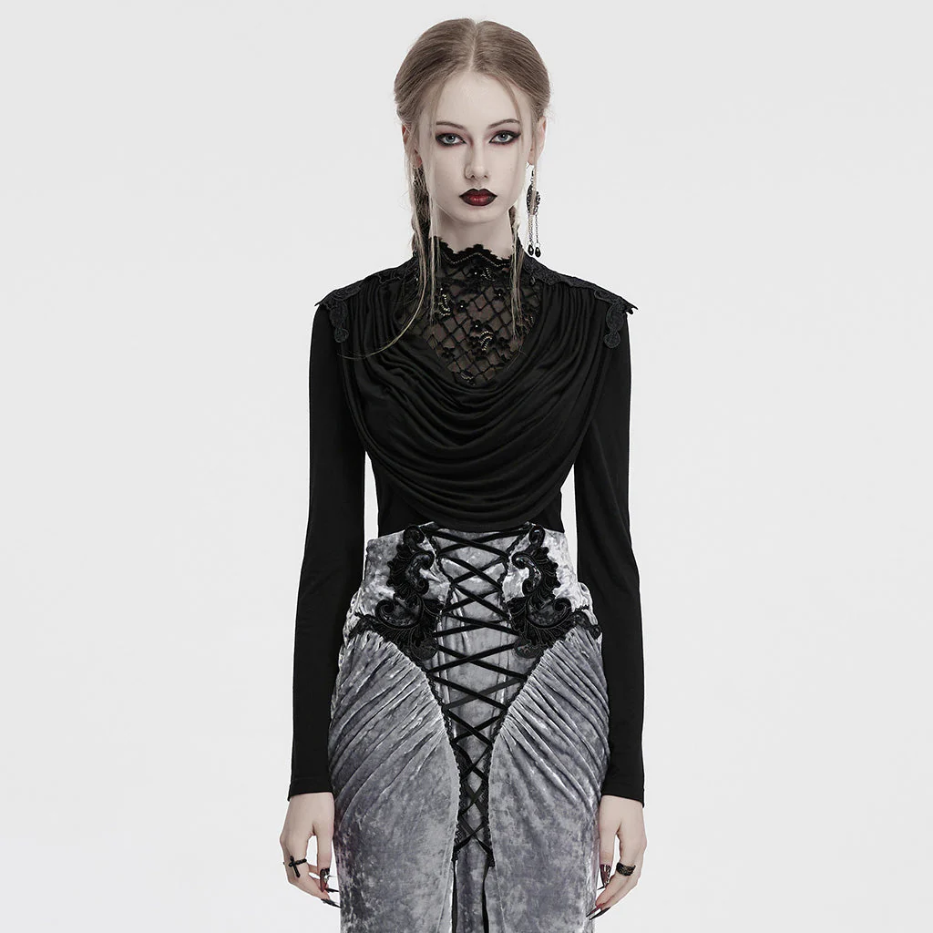 OT-988TCF Gothic Shirts Elegant Black Lace Drape Long Sleeve Top - Image 11