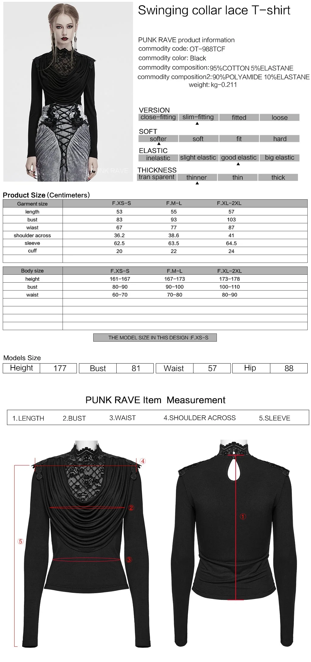 OT-988TCF Gothic Shirts Elegant Black Lace Drape Long Sleeve Top - Image 12