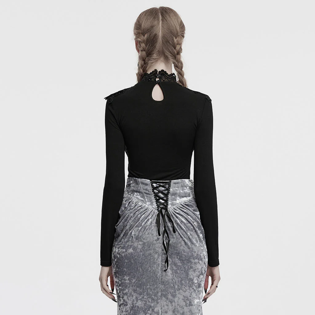 OT-988TCF Gothic Shirts Elegant Black Lace Drape Long Sleeve Top - Image 14