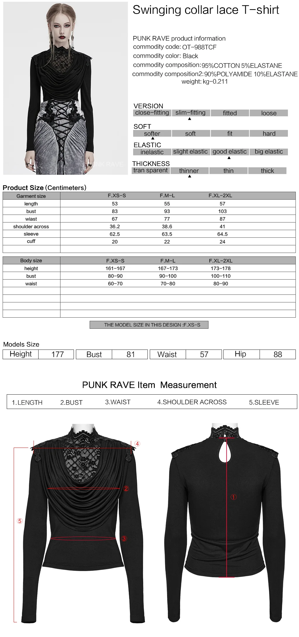 OT-988TCF Gothic Shirts Elegant Black Lace Drape Long Sleeve Top - Image 2