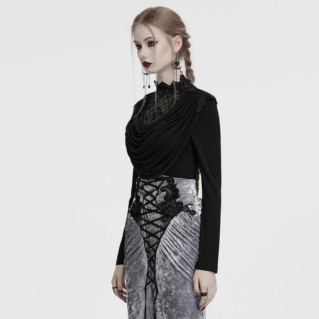 OT-988TCF Gothic Shirts Elegant Black Lace Drape Long Sleeve Top - Image 23