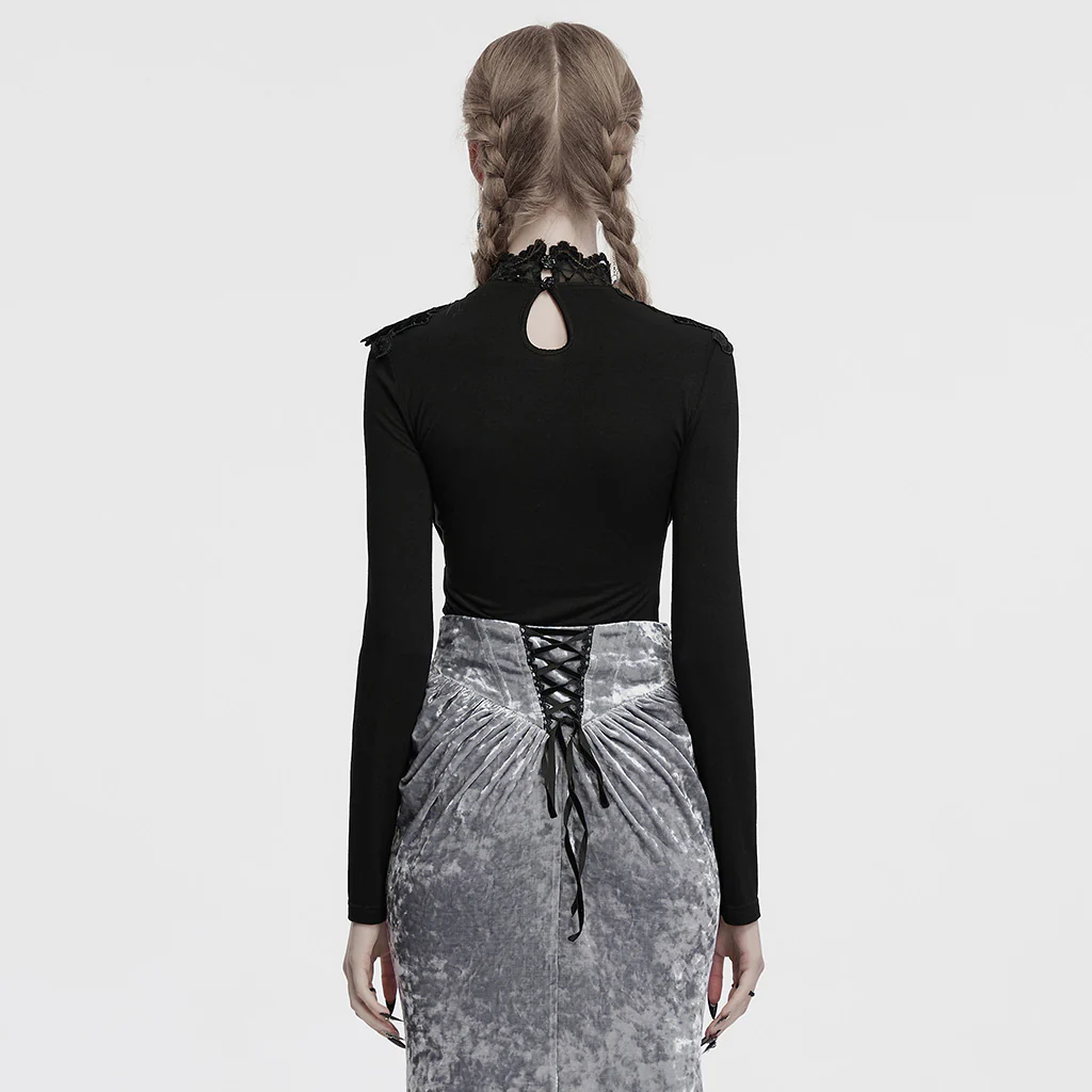 OT-988TCF Gothic Shirts Elegant Black Lace Drape Long Sleeve Top - Image 4