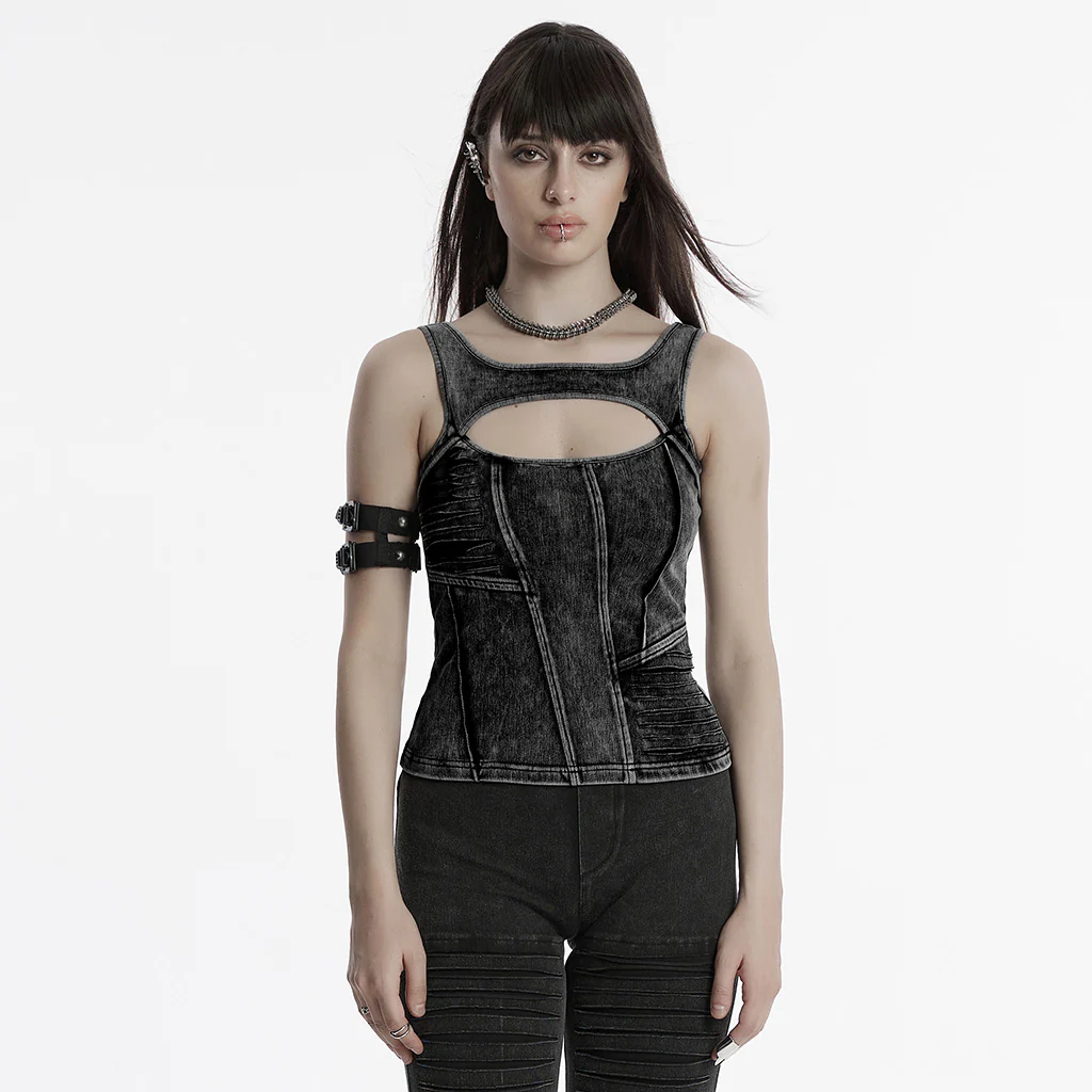 OT-989BXF Punk T-Shirts Cutout Design Arm Strap Top Grunge Style