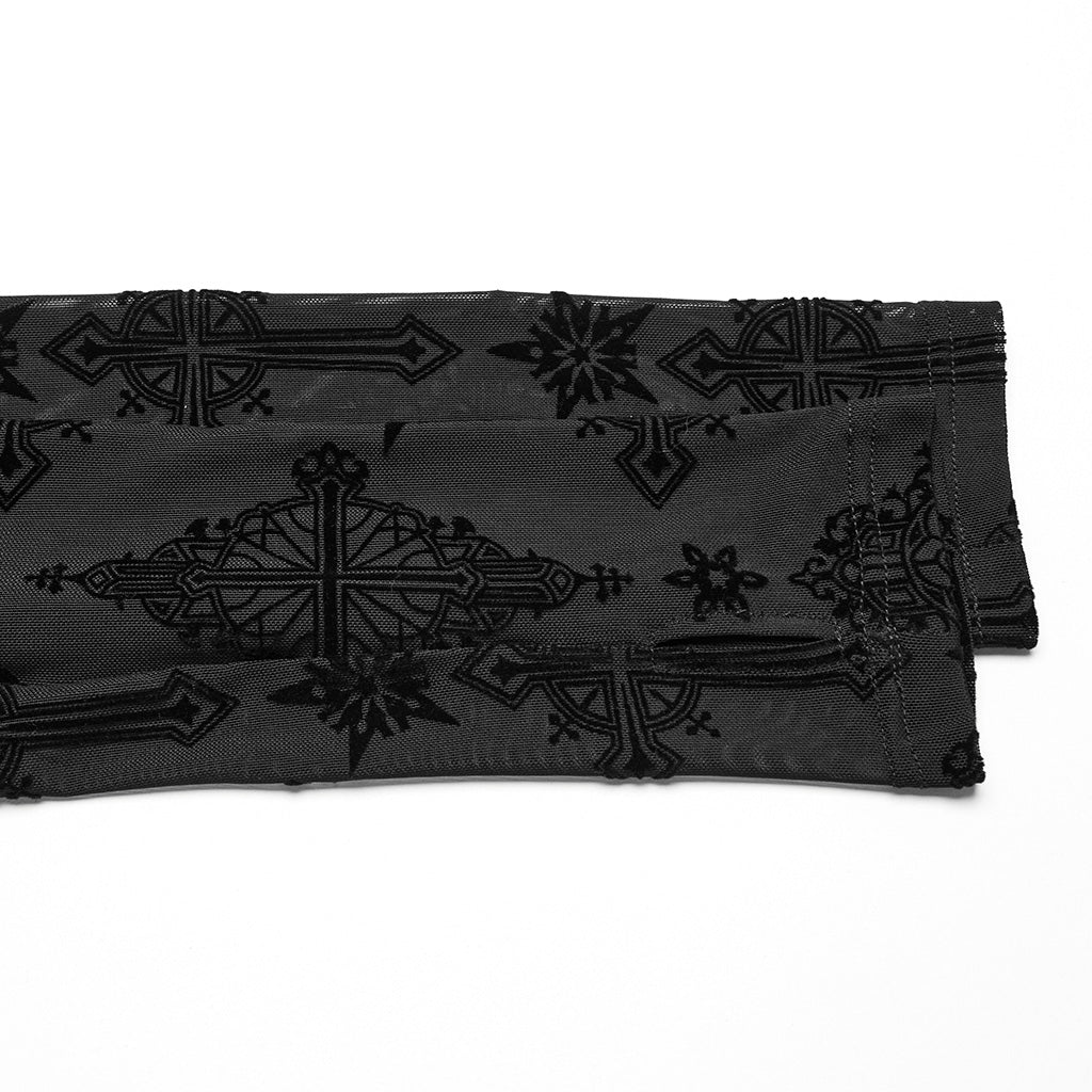 OT-990DQF Gothic Shirts Sheer Black Cross Embroidered Long Sleeve Top - Image 20