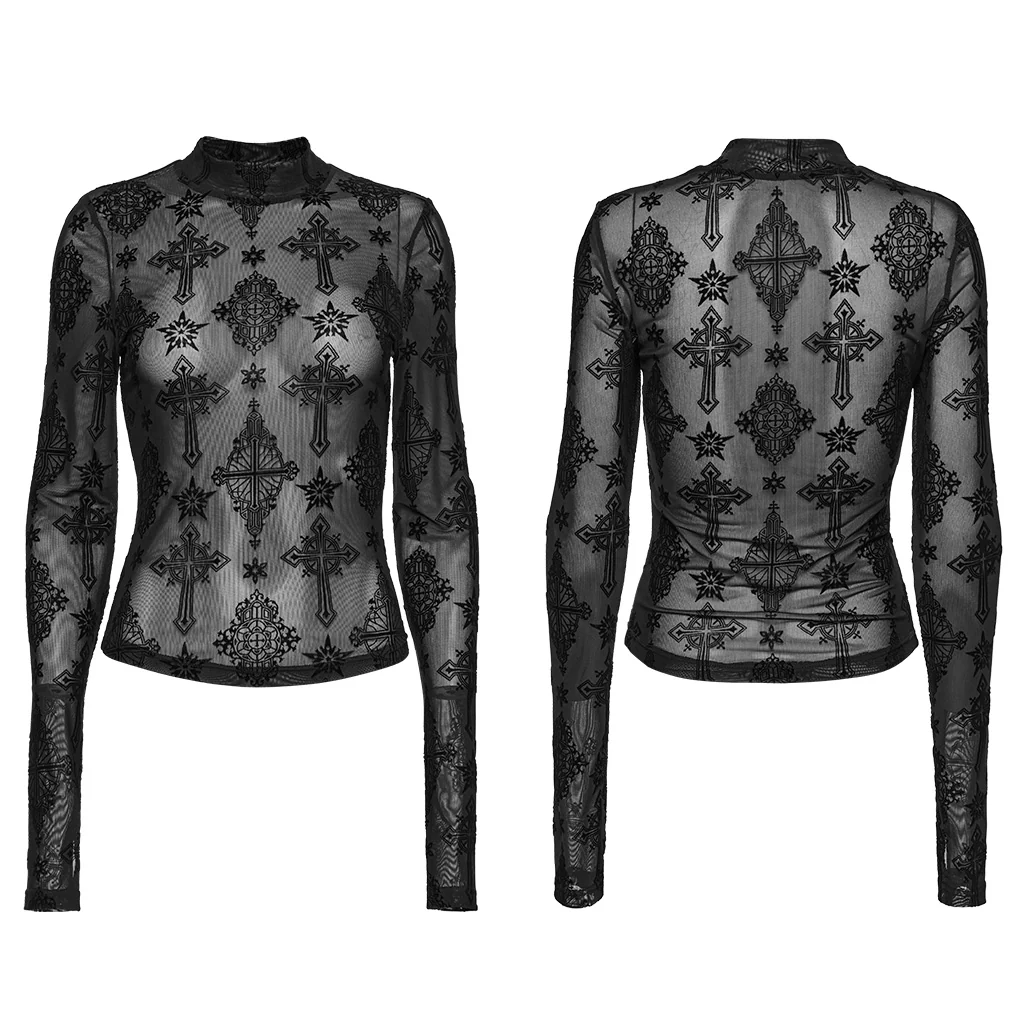 OT-990DQF Gothic Shirts Sheer Black Cross Embroidered Long Sleeve Top - Image 6