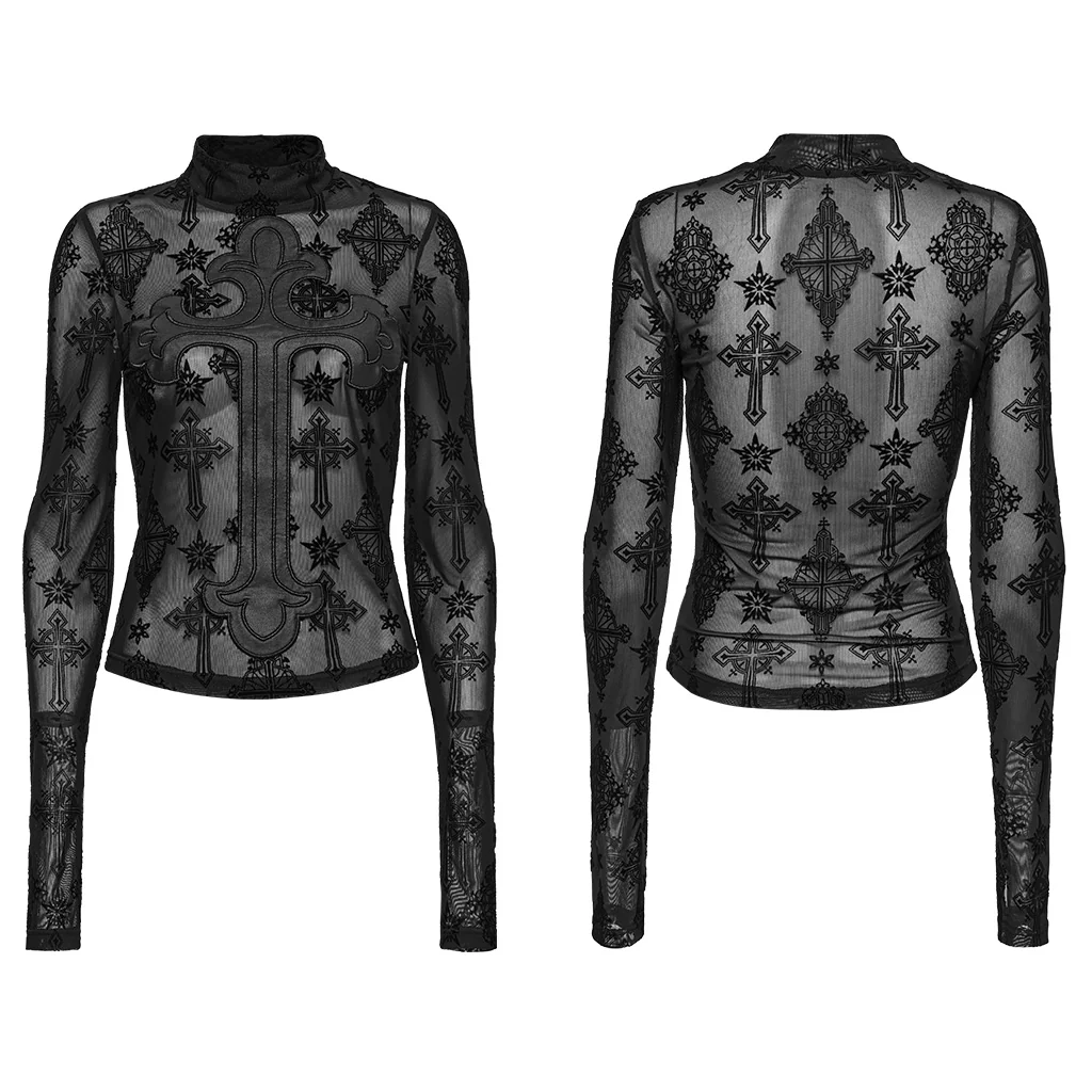 OT-990TCF Gothic T-Shirts Sheer Black Cross Pattern Long Sleeve - Image 6