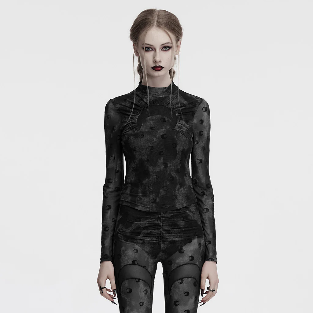 OT-993DQF Velvet Gothic T-Shirt Moon Cutout Design Long Sleeve Black - Image 23