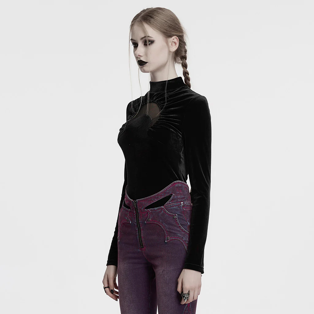 OT-993DQF Velvet Gothic T-Shirt Moon Cutout Design Long Sleeve Black - Image 4