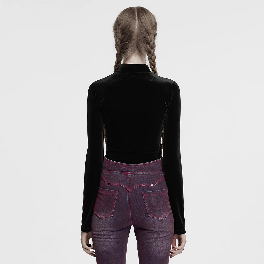 OT-993DQF Velvet Gothic T-Shirt Moon Cutout Design Long Sleeve Black - Image 5