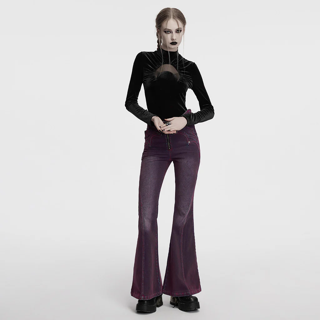 OT-993DQF Velvet Gothic T-Shirt Moon Cutout Design Long Sleeve Black - Image 6