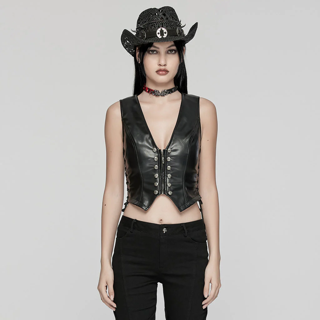 OY-1644MJF Sleek Black Faux Leather Punk Vests with Rivet Details - Image 10