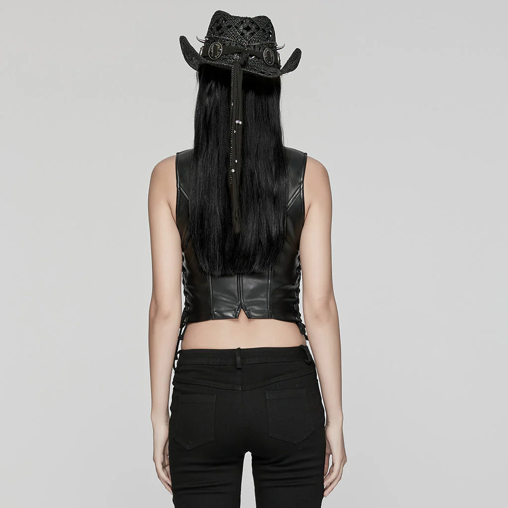 OY-1644MJF Sleek Black Faux Leather Punk Vests with Rivet Details - Image 13
