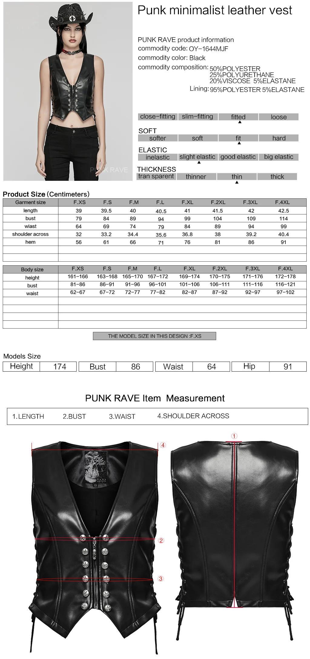 OY-1644MJF Sleek Black Faux Leather Punk Vests with Rivet Details - Image 2