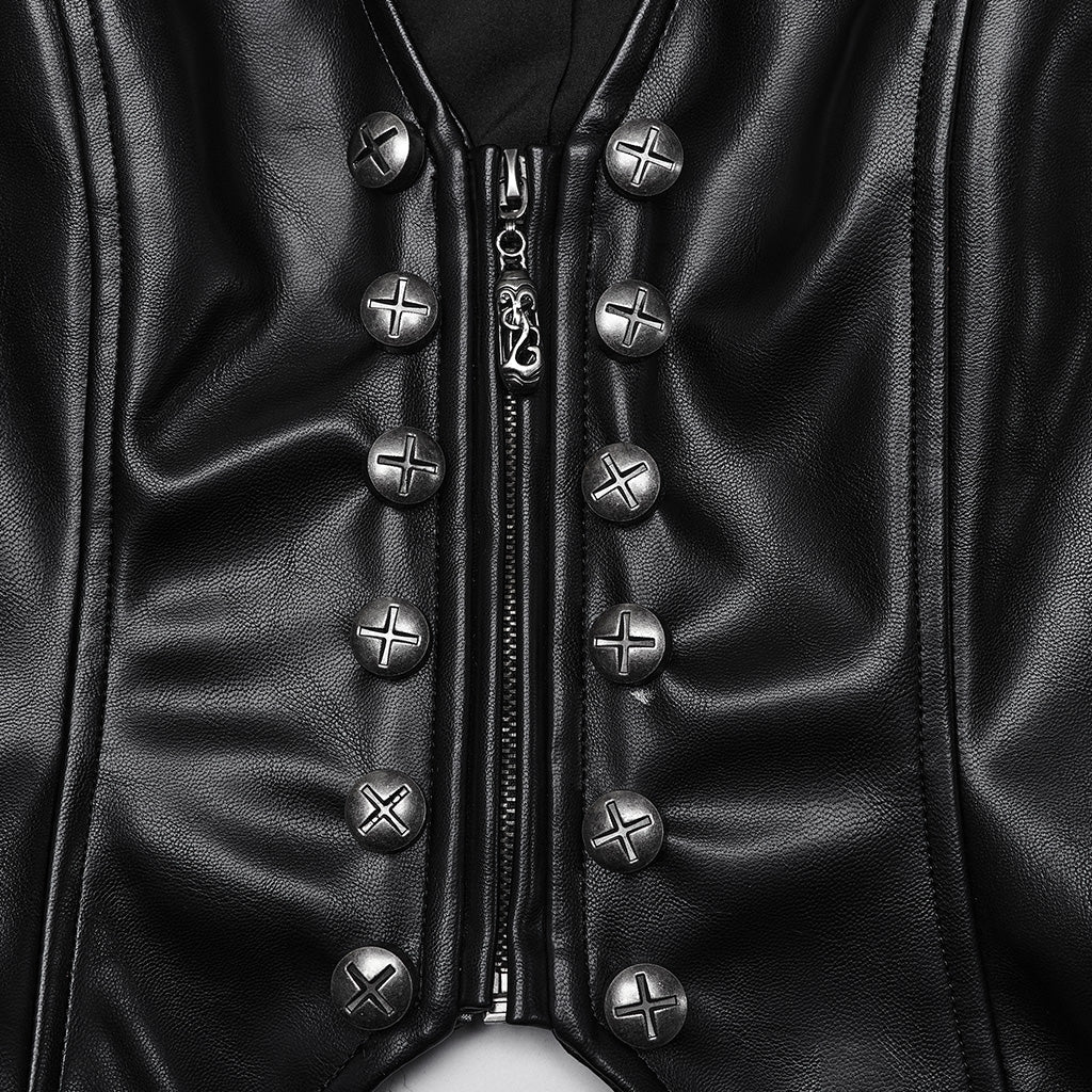 OY-1644MJF Sleek Black Faux Leather Punk Vests with Rivet Details - Image 24