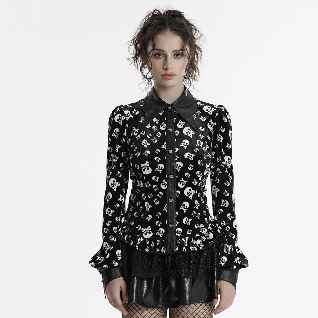 OY-1697DQF Velvet Gothic Shirts Vintage Collar Button Long Sleeve Top - Image 13