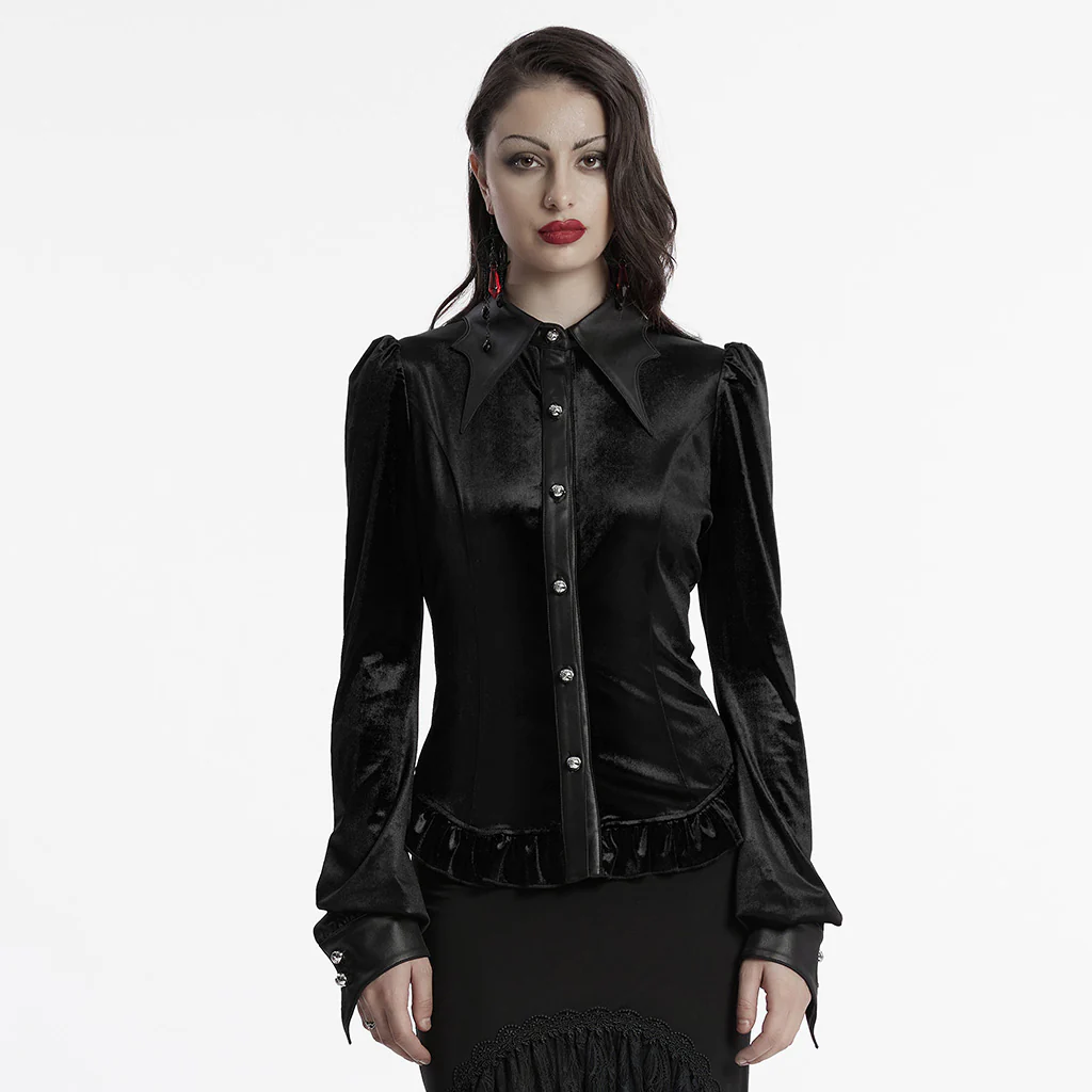 OY-1697DQF Velvet Gothic Shirts Vintage Collar Button Long Sleeve Top - Image 32