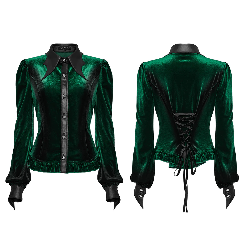 OY-1697DQF Velvet Gothic Shirts Vintage Collar Button Long Sleeve Top - Image 6