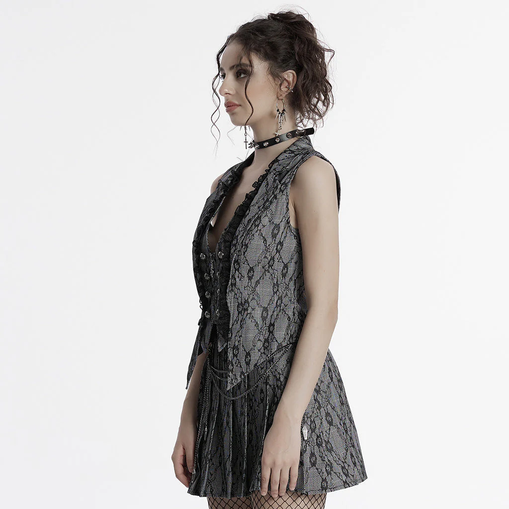 OY-1703MJF Gothic Vest Elegant Lace-Up Ruffled Design with Chain Details - Image 33