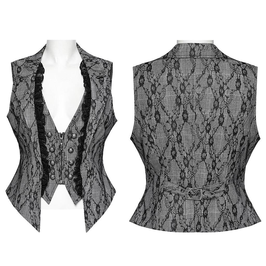 OY-1703MJF Gothic Vest Elegant Lace-Up Ruffled Design with Chain Details - Image 36