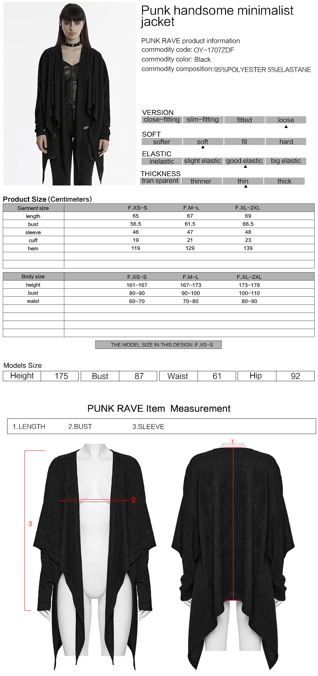OY-1707ZDF Edgy Draped Black Punk Jackets with Textured Design - Image 2
