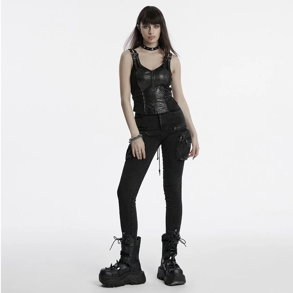 OY-1709MJF Gothic Punk Vest with Buckle Straps Zipper Leather Look - Image 15