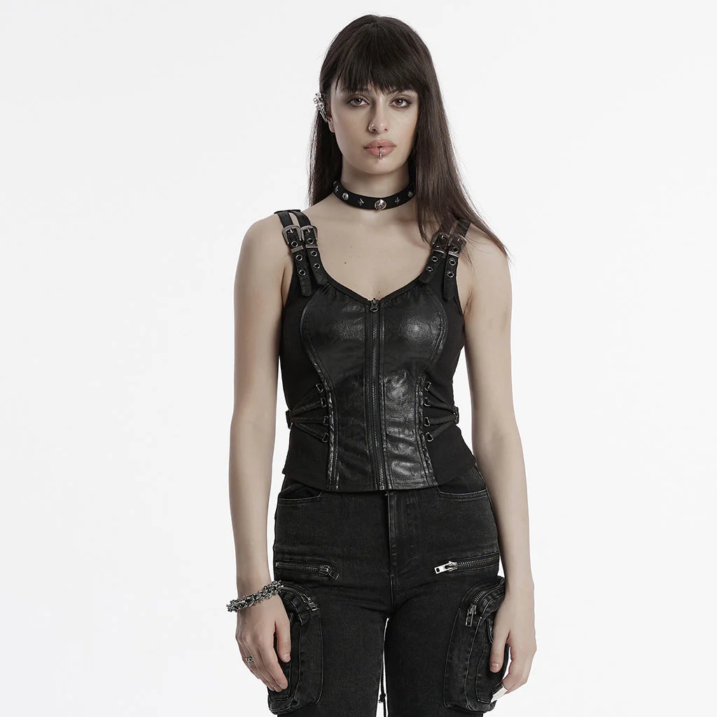 OY-1709MJF Gothic Punk Vest with Buckle Straps Zipper Leather Look - Image 21