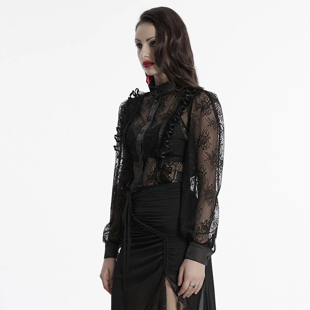OY-1710CCF Black Lace Gothic Shirts Sheer Victorian Long Sleeve Blouse - Image 13