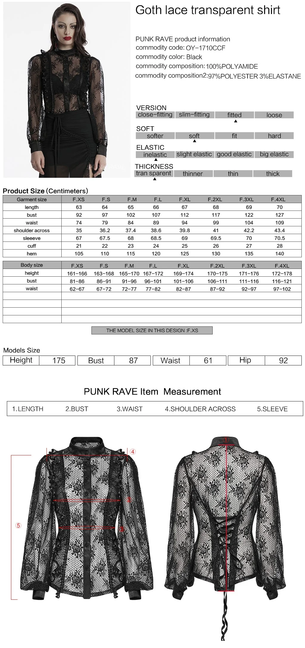 OY-1710CCF Black Lace Gothic Shirts Sheer Victorian Long Sleeve Blouse - Image 22