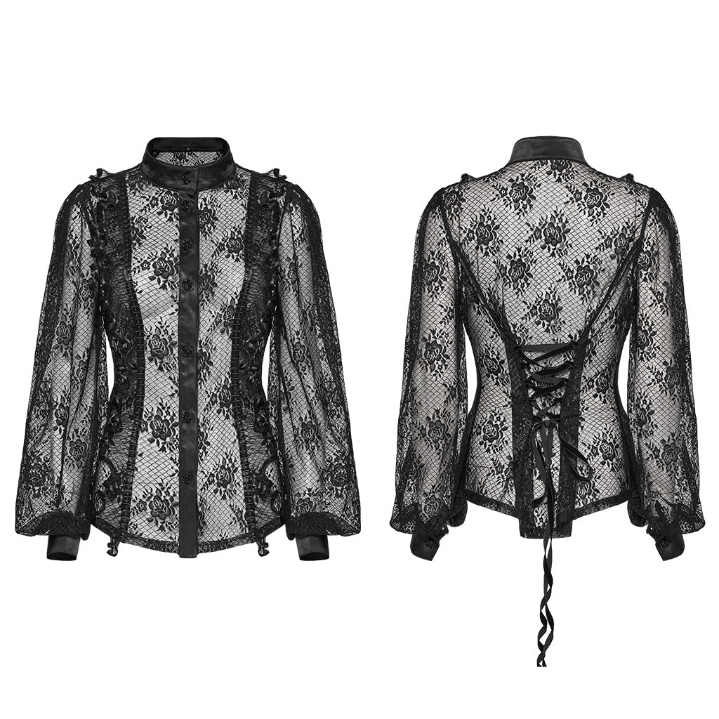 OY-1710CCF Black Lace Gothic Shirts Sheer Victorian Long Sleeve Blouse - Image 26