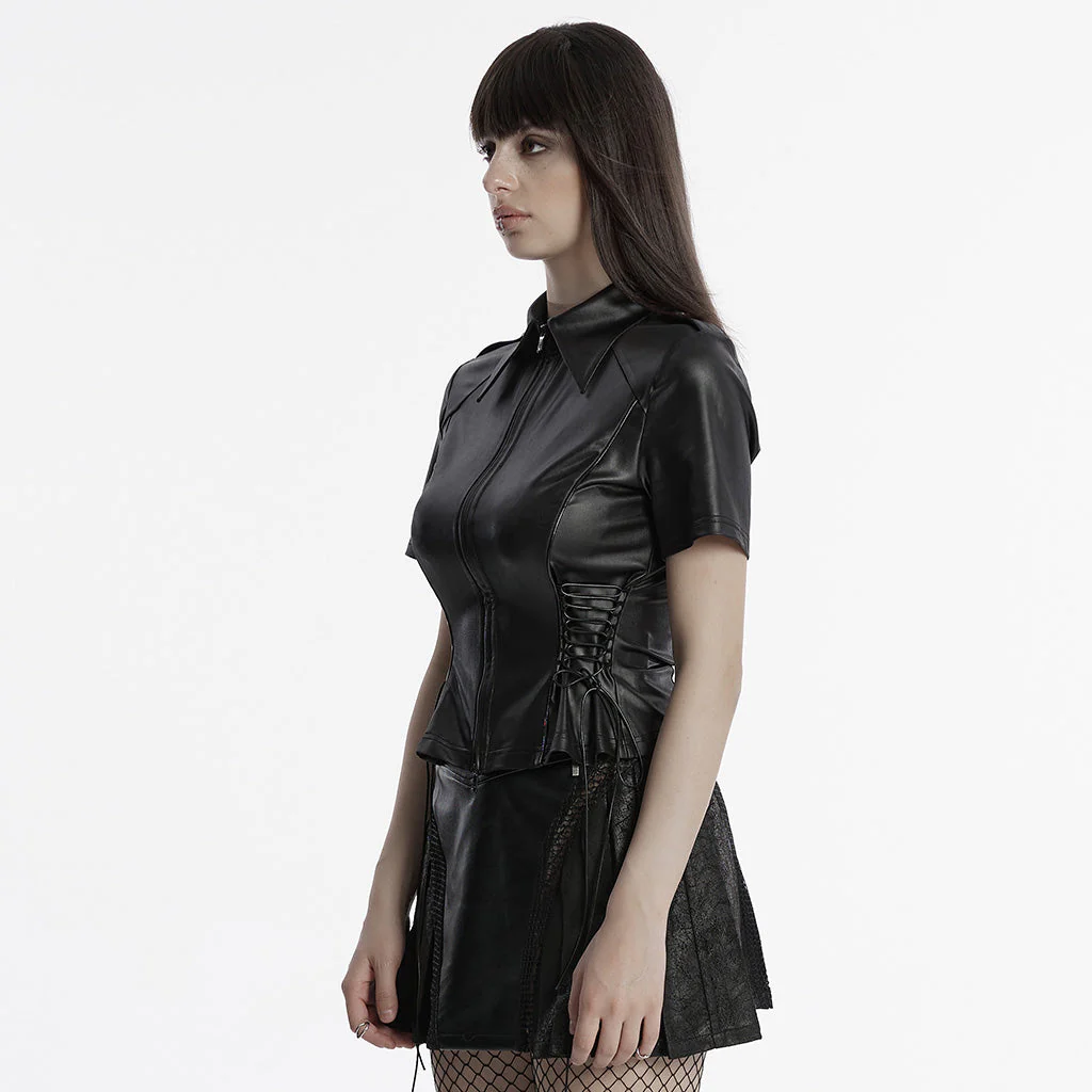OY-1714CDF Edgy Black Faux Leather Zippered Punk Shirt Top - Image 13