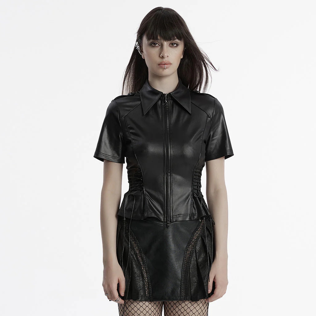 OY-1714CDF Edgy Black Faux Leather Zippered Punk Shirt Top - Image 21