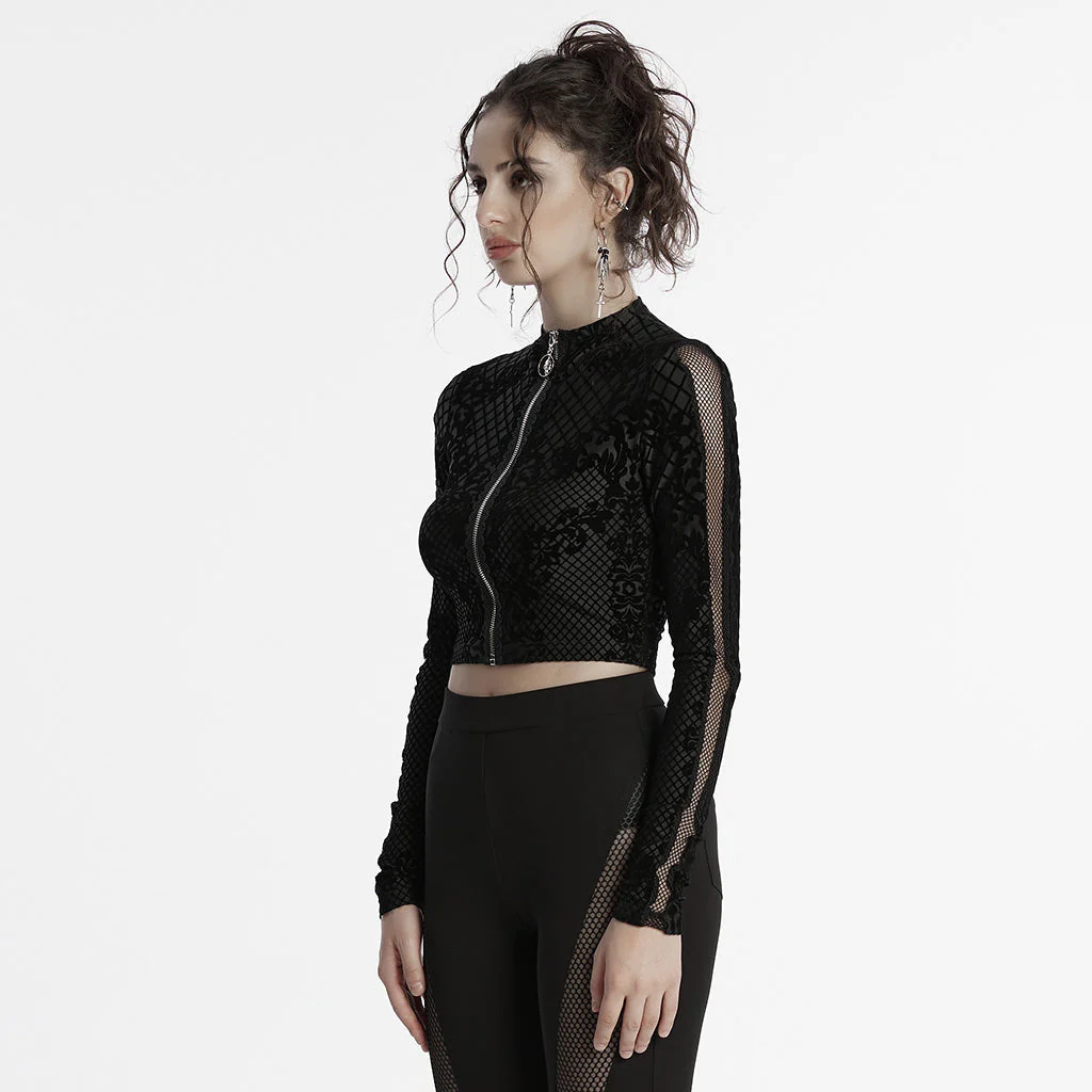 OY-1719XDF Velvet Gothic Jacket Cropped Zipper Elegant Black Patterned Design - Image 13