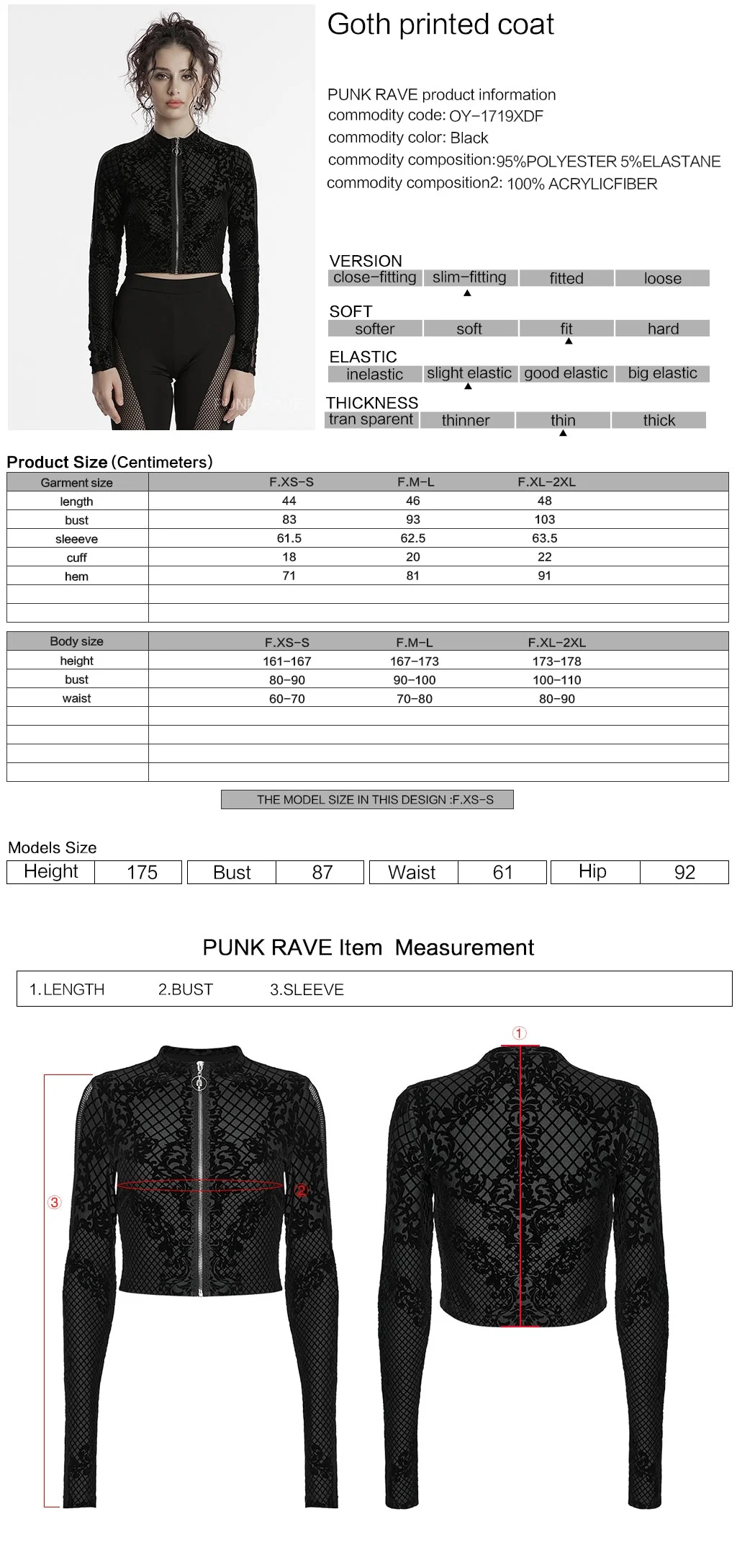 OY-1719XDF Velvet Gothic Jacket Cropped Zipper Elegant Black Patterned Design - Image 22