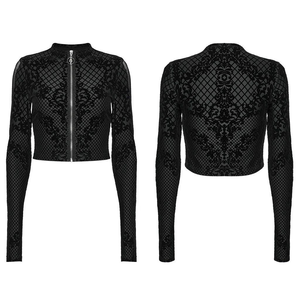 OY-1719XDF Velvet Gothic Jacket Cropped Zipper Elegant Black Patterned Design - Image 26