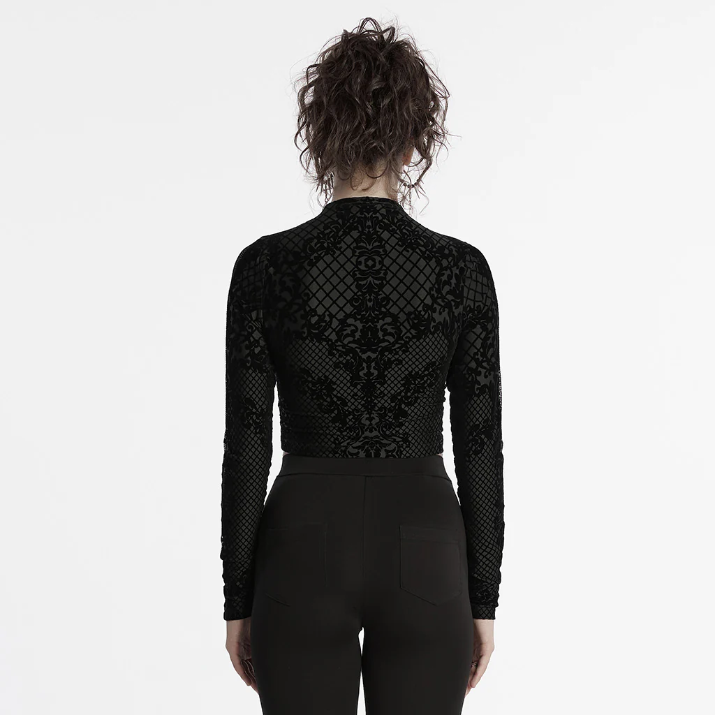 OY-1719XDF Velvet Gothic Jacket Cropped Zipper Elegant Black Patterned Design - Image 4