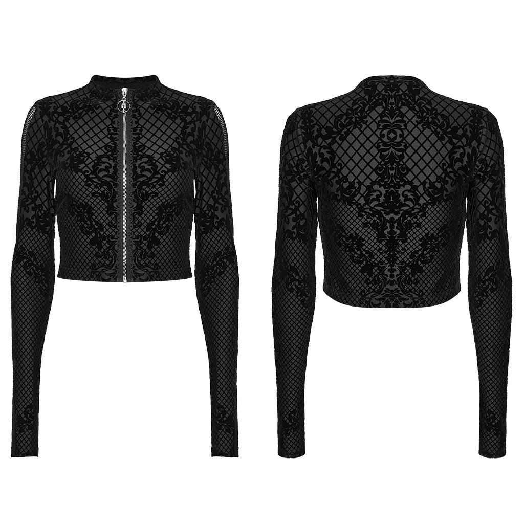 OY-1719XDF Velvet Gothic Jacket Cropped Zipper Elegant Black Patterned Design - Image 6