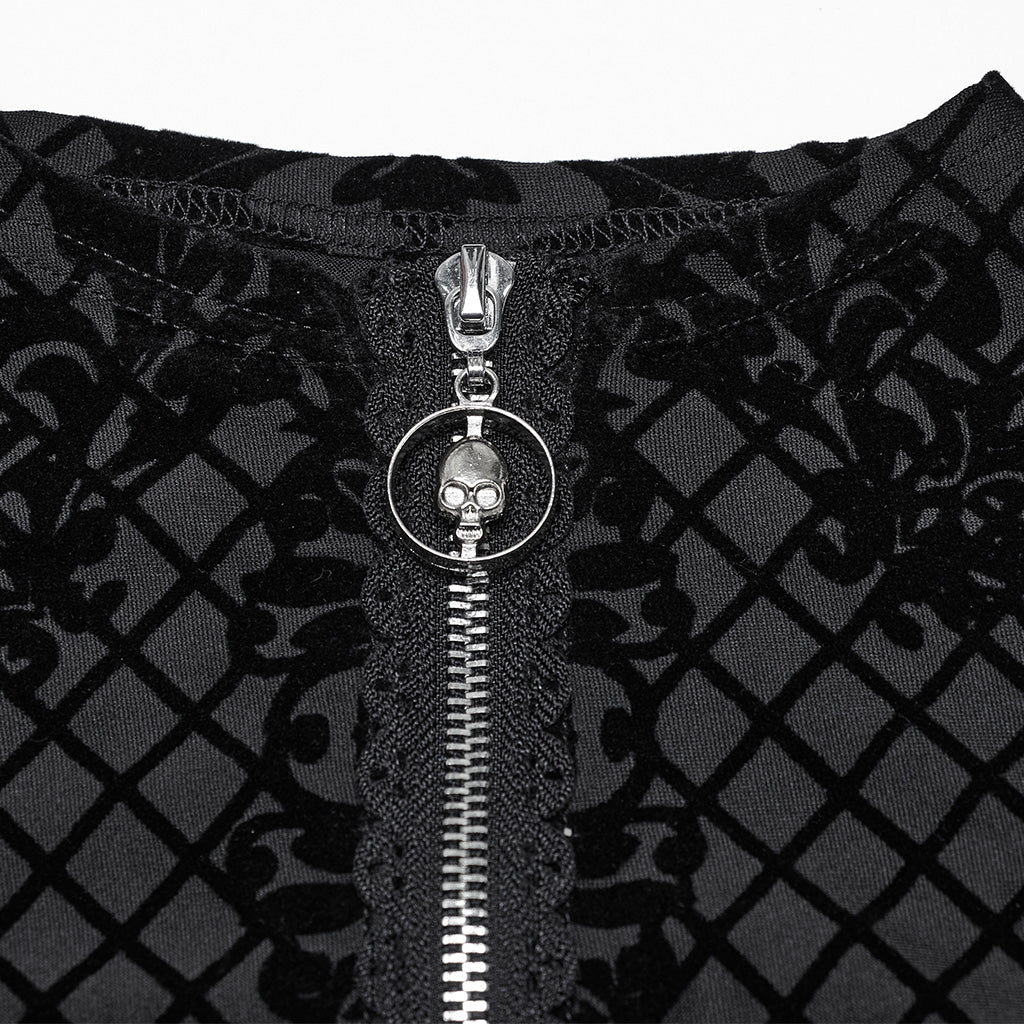 OY-1719XDF Velvet Gothic Jacket Cropped Zipper Elegant Black Patterned Design - Image 7