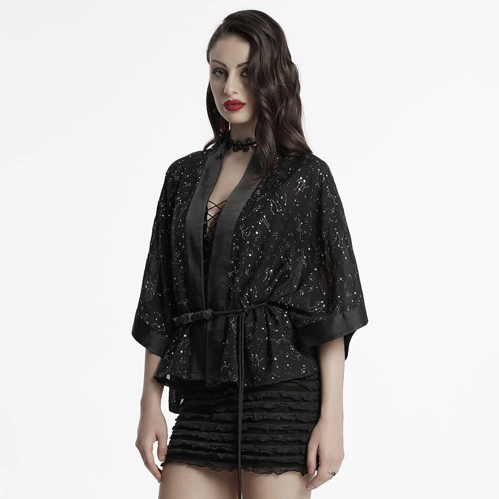 OY-1726XDF Black Satin Gothic Coat with Kimono Sleeve Details - Image 13