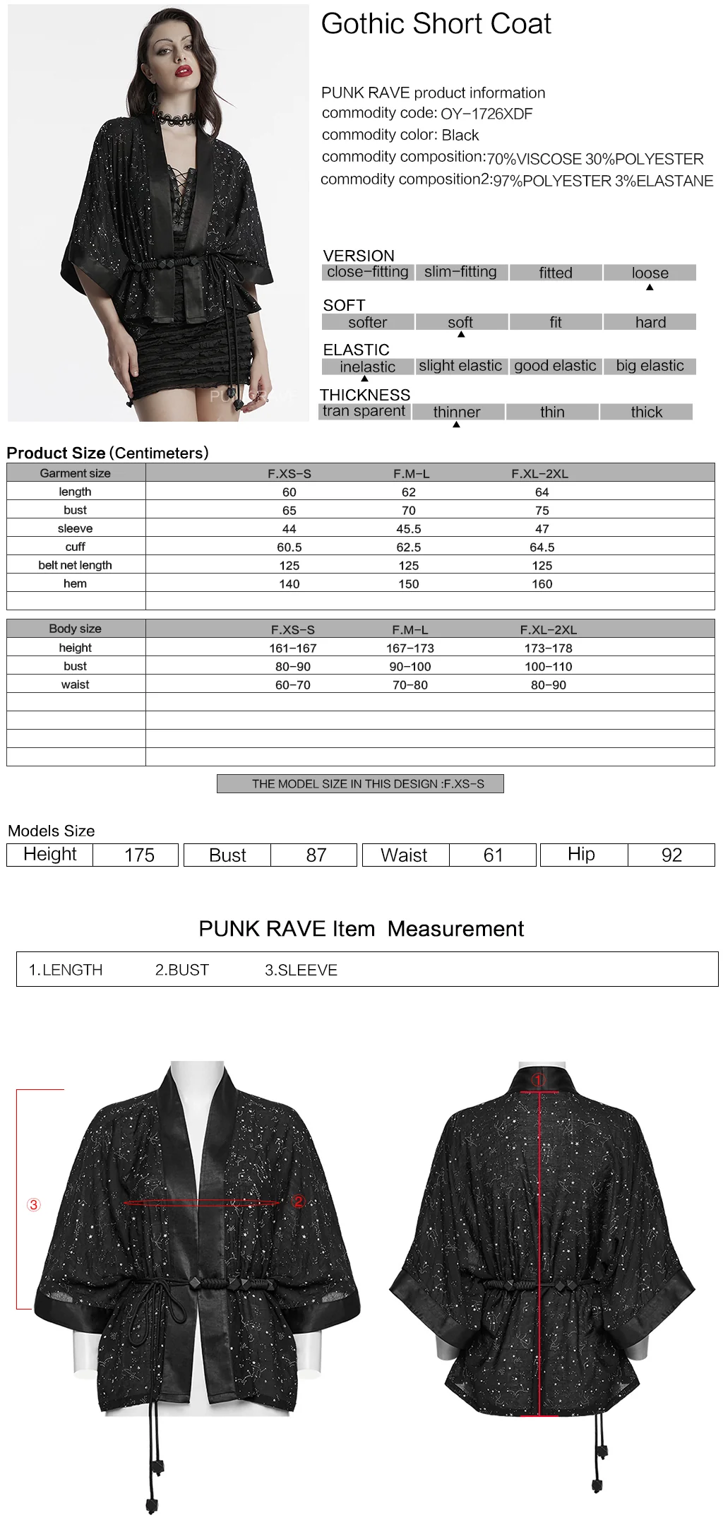 OY-1726XDF Black Satin Gothic Coat with Kimono Sleeve Details - Image 2