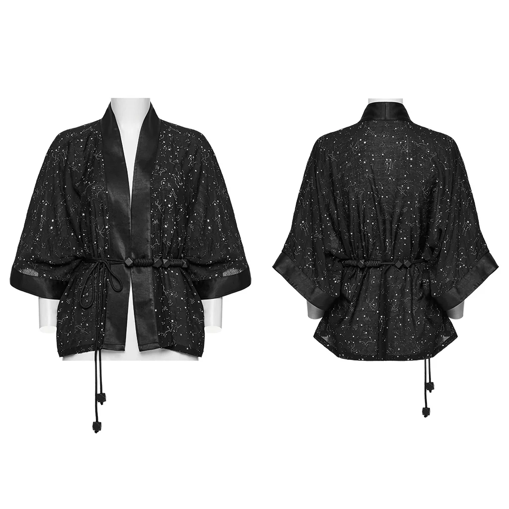 OY-1726XDF Black Satin Gothic Coat with Kimono Sleeve Details - Image 6
