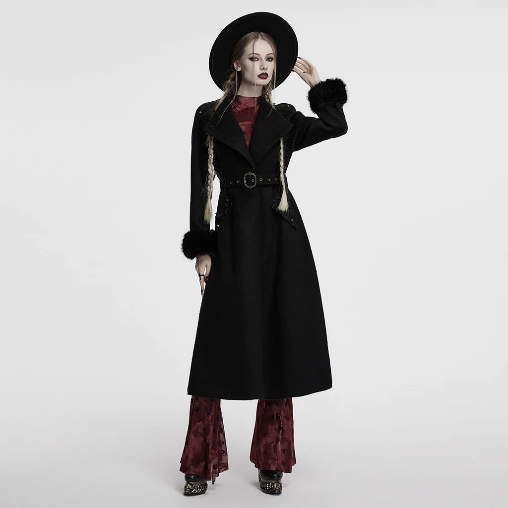 OY-1740ECF Luxurious Gothic Coat Long Black Fur Trim Belted - Image 5