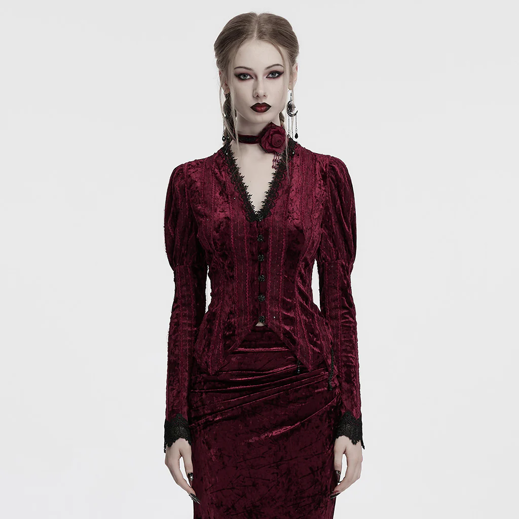 OY-1743CCF Crushed Velvet Gothic Jacket with Lace Trim Elegant Design