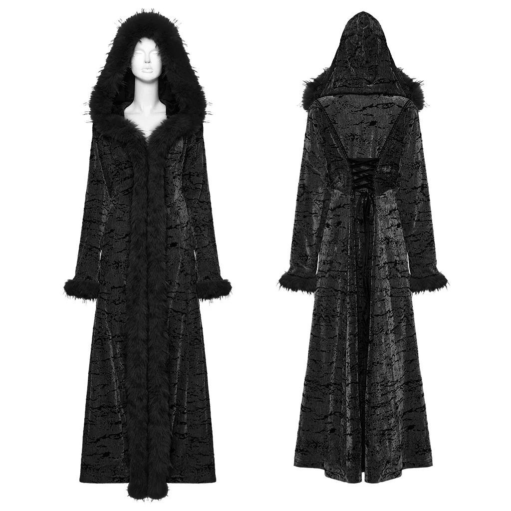 OY-1747XCF Velvet Gothic Coat Long Furry Trim Dramatic Dark Style Luxurious Velvet Gothic Coat with Dramatic Fur Accents Gothic Coat Furry Trim Velvet Longline Dramatic Dark Fashion - Image 6