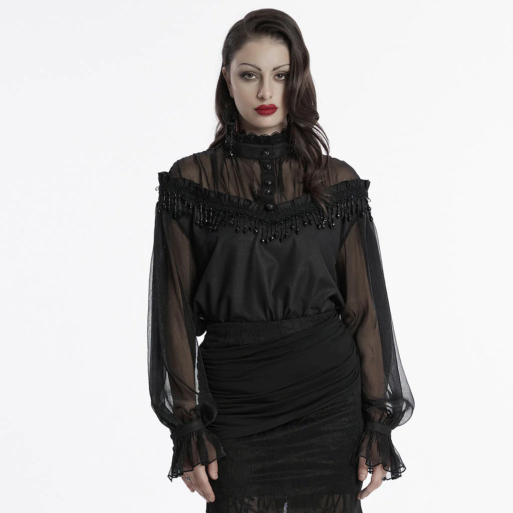 OY-1748CCF Gothic Sheer Black Lace Fringed High Collar Shirt - Image 11