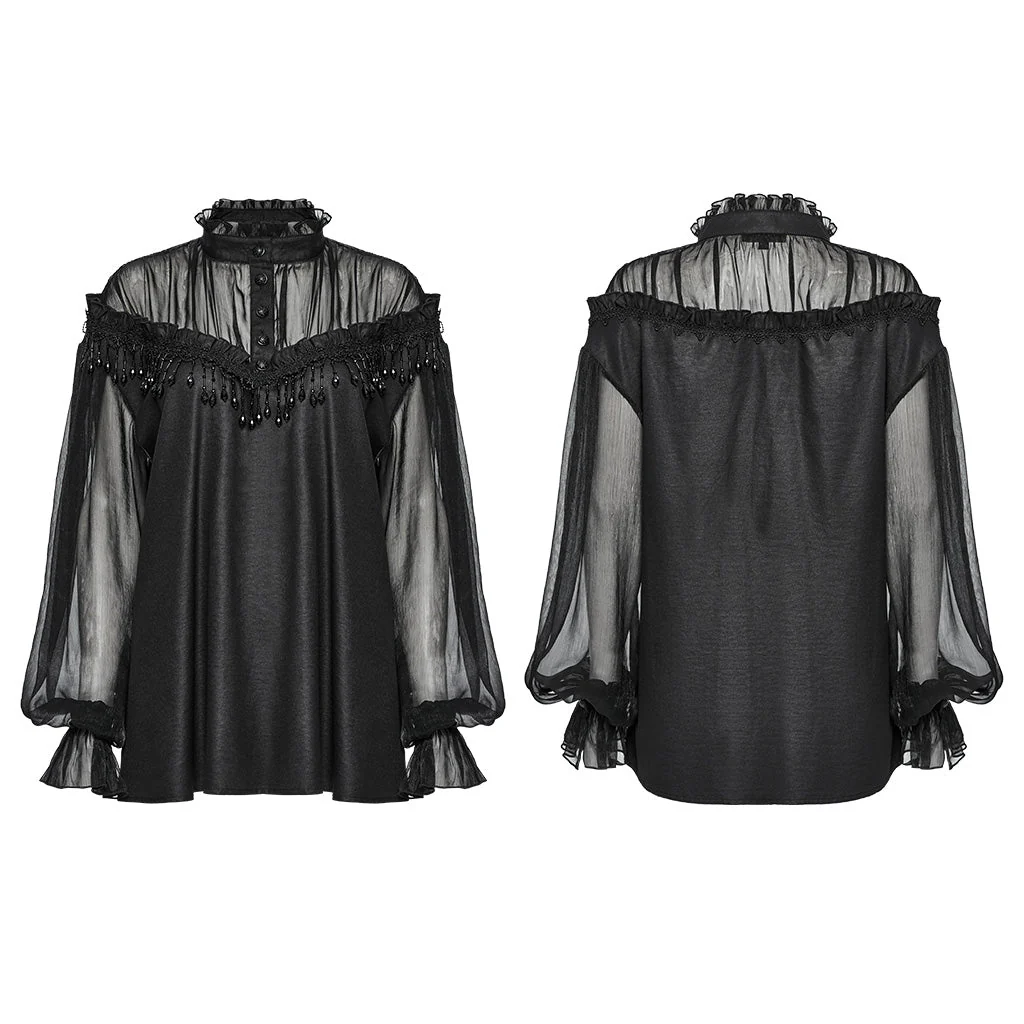 OY-1748CCF Gothic Sheer Black Lace Fringed High Collar Shirt - Image 16