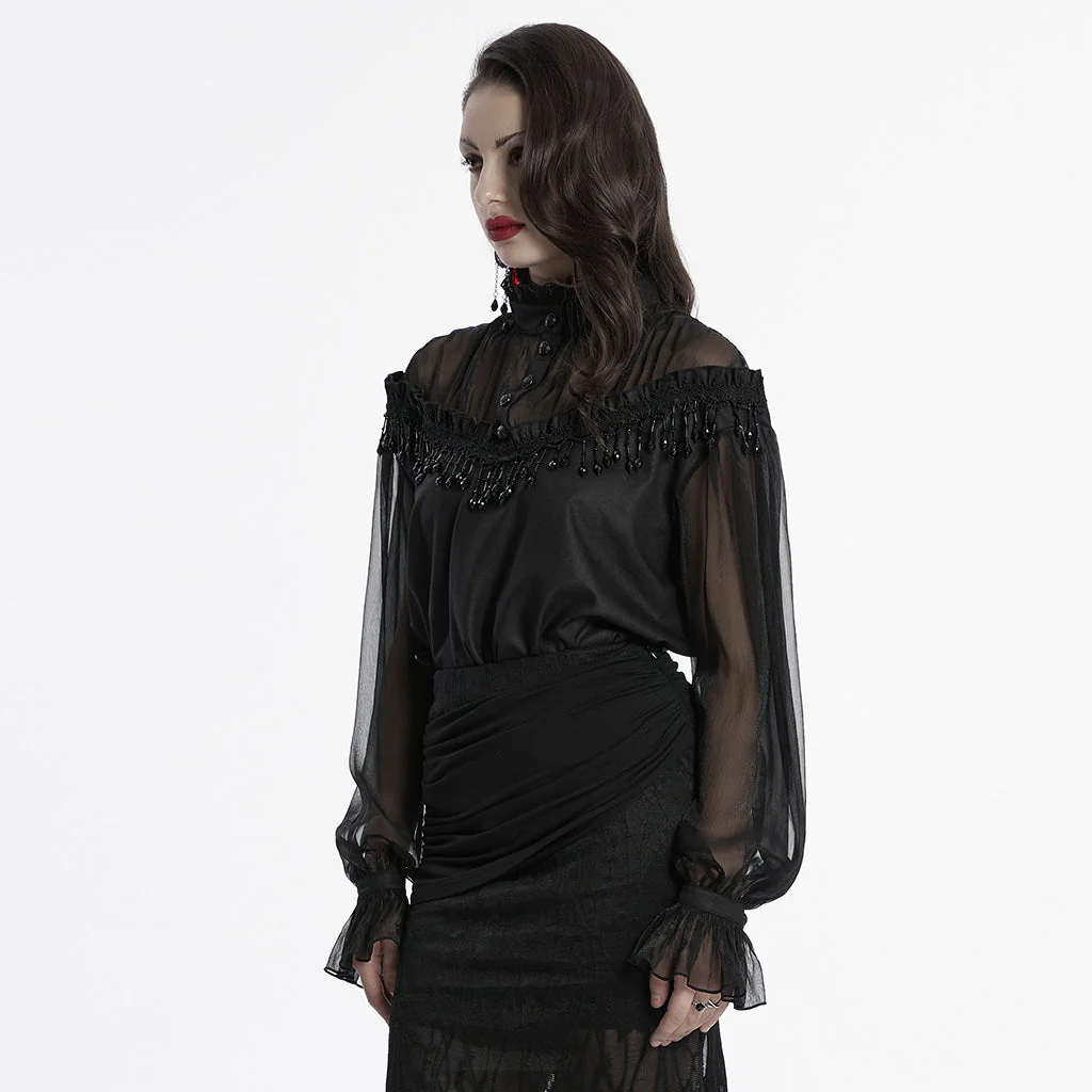 OY-1748CCF Gothic Sheer Black Lace Fringed High Collar Shirt - Image 22